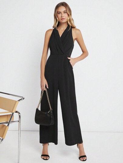 BizChic Solid Halter Neck Wide Leg Jumpsuit Workwear
