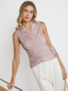 BizChic Solid Wrap Knot Side Blouse Workwear - Dusty Pink - View 3