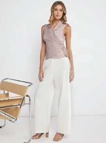 BizChic Solid Wrap Knot Side Blouse Workwear - Dusty Pink - View 4