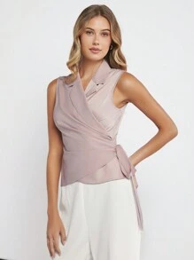 BizChic Solid Wrap Knot Side Blouse Workwear - Dusty Pink - View 5