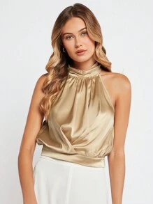 BizChic Chất rắn Halter Neck Xa ten Áo Trang phục làm việc - Rượu sâm banh - Xem 1
