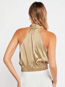 BizChic Chất rắn Halter Neck Xa ten Áo Trang phục làm việc - Rượu sâm banh - Xem 2