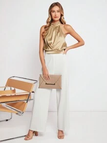 BizChic Chất rắn Halter Neck Xa ten Áo Trang phục làm việc - Rượu sâm banh - Xem 3