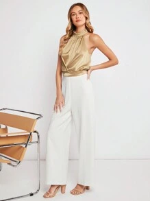 BizChic Chất rắn Halter Neck Xa ten Áo Trang phục làm việc - Rượu sâm banh - Xem 4