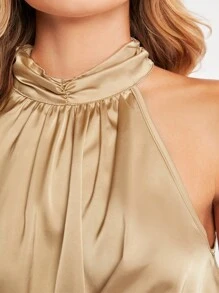 BizChic Chất rắn Halter Neck Xa ten Áo Trang phục làm việc - Rượu sâm banh - Xem 5