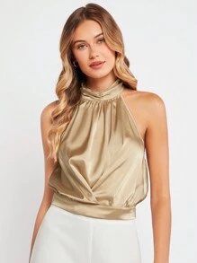 BizChic Chất rắn Halter Neck Xa ten Áo Trang phục làm việc - Rượu sâm banh - Xem 6