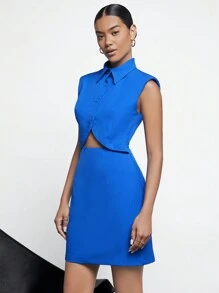 BizChic 素色墊肩前紐扣連衣裙 - 藍色 - 查看 7