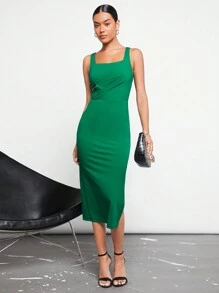BizChic 素色高衩連衣裙 - 綠色 - 查看 1
