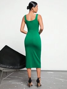 BizChic 素色高衩連衣裙 - 綠色 - 查看 2