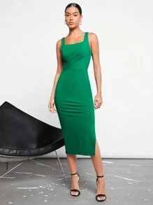 BizChic 素色高衩連衣裙 - 綠色 - 查看 4