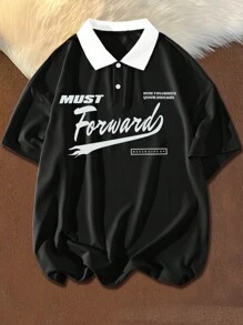 Aesthetic Post Nam Đồ họa Khẩu hiệu Cổ áo tương phản Thả vai Lỏng lẻo Áo polo - màu đen - Xem 1