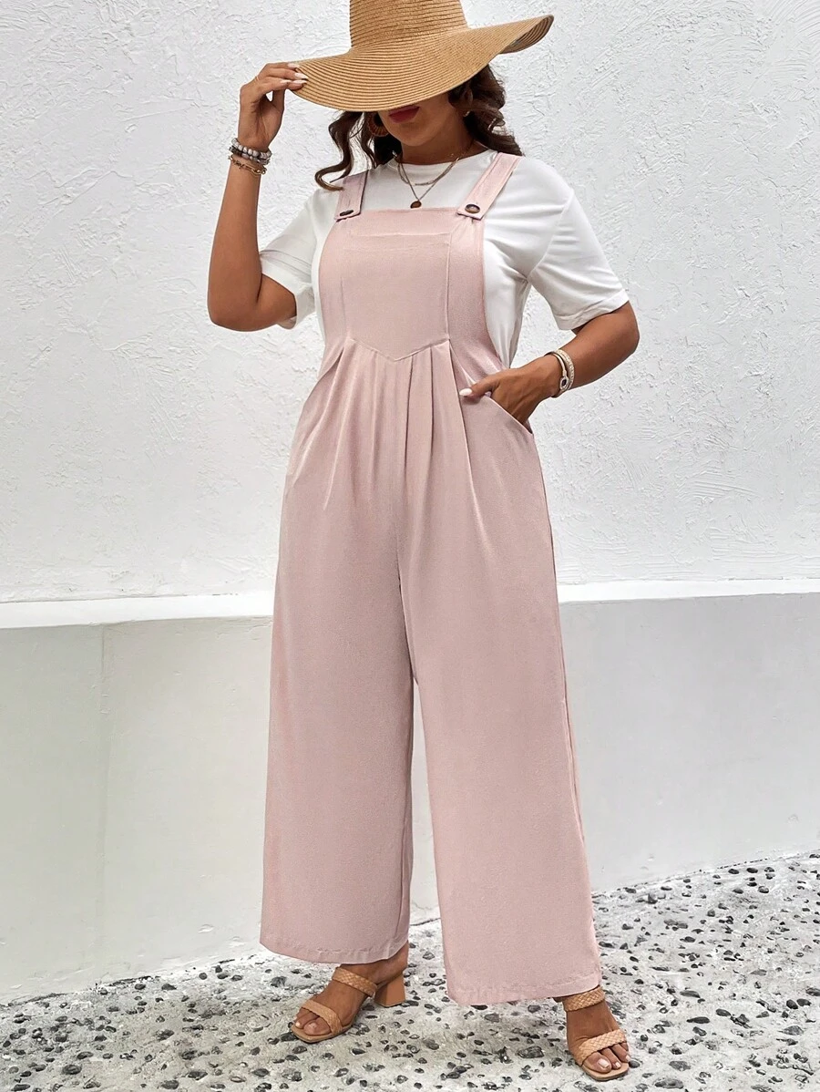SHEIN LUNE Jumpsuits Plus Size Nút Túi màu trơn Giải trí - Hồng - Xem 1