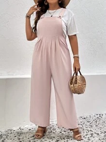 SHEIN LUNE Jumpsuits Plus Size Nút Túi màu trơn Giải trí - Hồng - Xem 3