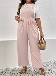 SHEIN LUNE Jumpsuits Plus Size Nút Túi màu trơn Giải trí - Hồng - Xem 4