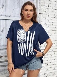 SHEIN LUNE 大碼國旗圖案缺口領T恤 - 藏蓝色 - 查看 3