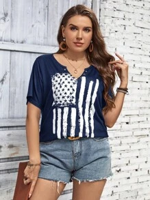 SHEIN LUNE 大碼國旗圖案缺口領T恤 - 藏蓝色 - 查看 4