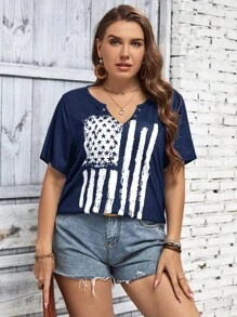 SHEIN LUNE 大碼國旗圖案缺口領T恤 - 藏蓝色 - 查看 6