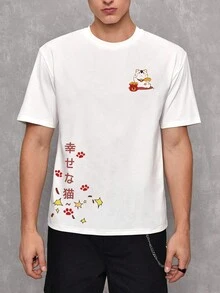 Manfinity Hypemode Hombres Camiseta con estampado de letra japonesa y dibujos animados - Blanco - Ver 5