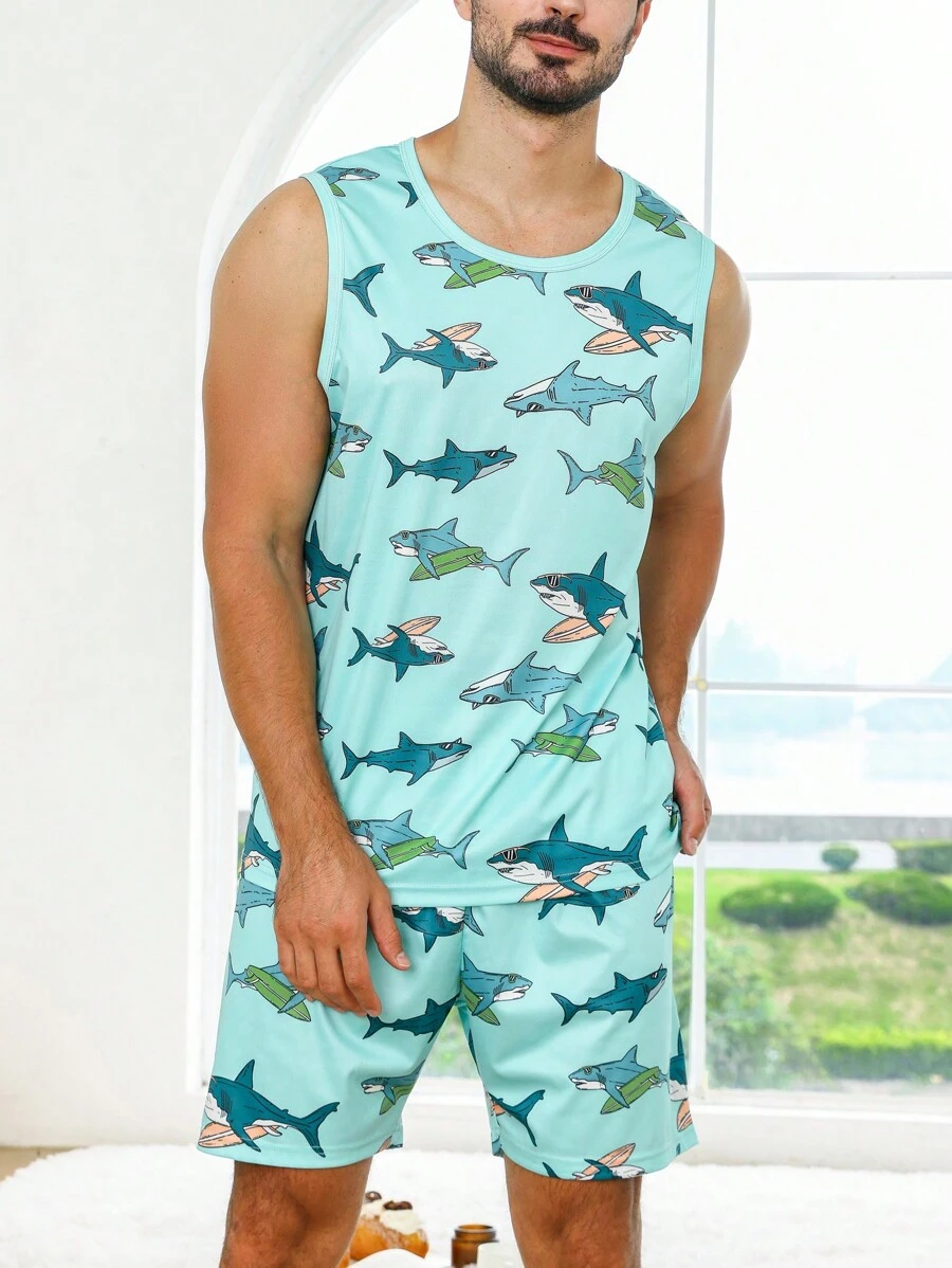 Men Shark Print PJ Set / Pajama Set - Mint Green - View 1