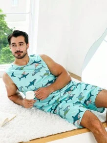 Men Shark Print PJ Set / Pajama Set - Mint Green - View 4