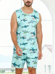 Men Shark Print PJ Set / Pajama Set - Mint Green - View 6
