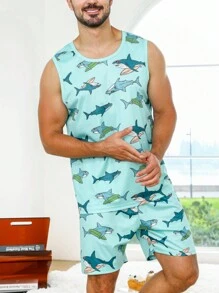 Men Shark Print PJ Set / Pajama Set - Mint Green - View 7