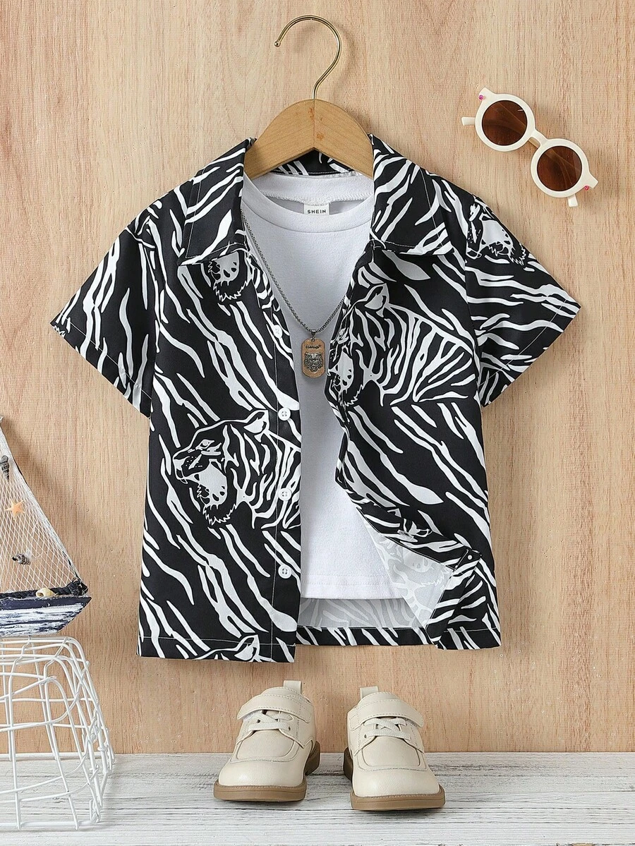 SHEIN 小男童斑馬紋襯衫不帶T恤 - 黑與白 - 查看 1