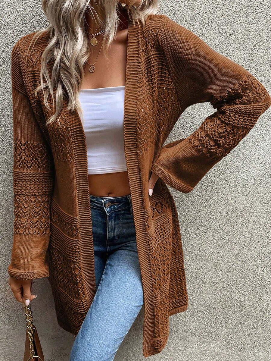 EMERY ROSE Pointelle Knit Drop Shoulder Cardigan Fall Winter Cloth For Women - Brown - View 1