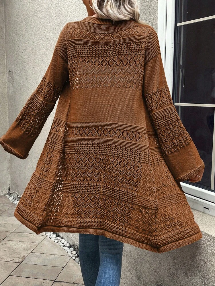 Pointelle Knit Drop Shoulder Cardigan Fall Winter Cloth For Women