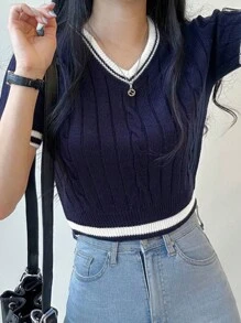 拼接條紋邊麻花編織上衣 - 藏蓝色 - 查看 5