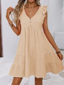 SHEIN Clasi 荷葉邊紐扣細節娃娃裙 - 杏色 - 查看 3