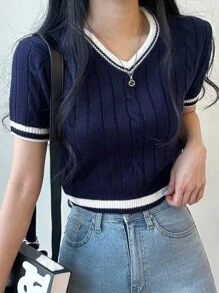 拼接條紋邊麻花編織上衣 - 藏蓝色 - 查看 8