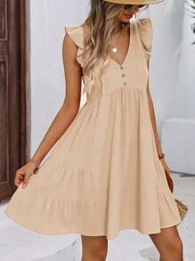 SHEIN Clasi 荷葉邊紐扣細節娃娃裙 - 杏色 - 查看 4