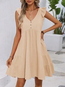 SHEIN Clasi 荷葉邊紐扣細節娃娃裙 - 杏色 - 查看 5