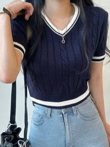 拼接條紋邊麻花編織上衣 - 藏蓝色 - 查看 9