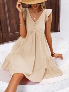 SHEIN Clasi 荷葉邊紐扣細節娃娃裙 - 杏色 - 查看 7