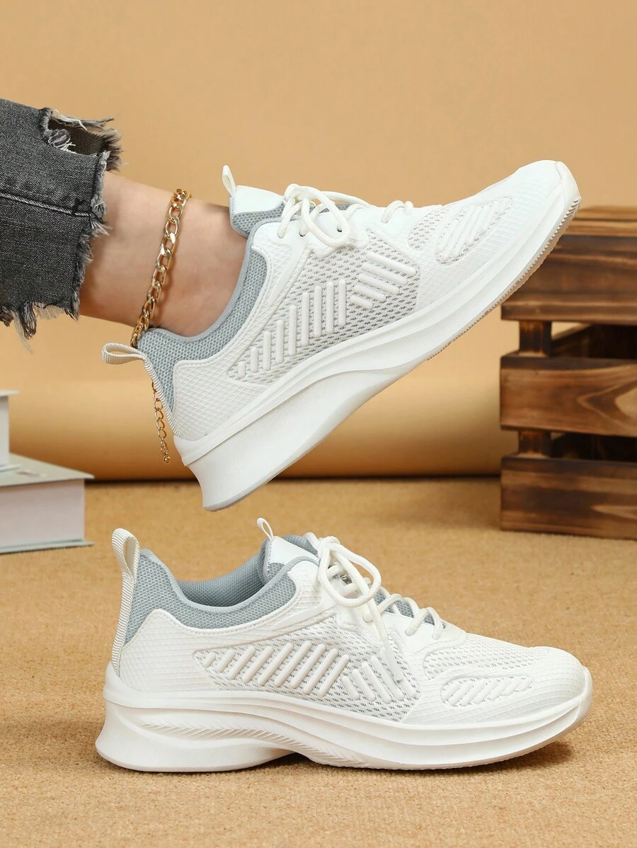 Women Striped Pattern Running Shoes, Mesh Lace-up Front Sneakers - White - View 1
