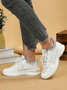 Women Striped Pattern Running Shoes, Mesh Lace-up Front Sneakers - White - View 3