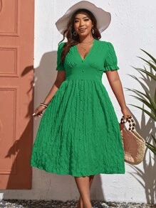 SHEIN VCAY Hơn Ống tay áo Nút phía trước Đầm - màu xanh lá - Xem 1
