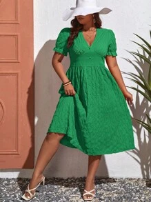 SHEIN VCAY Hơn Ống tay áo Nút phía trước Đầm - màu xanh lá - Xem 5