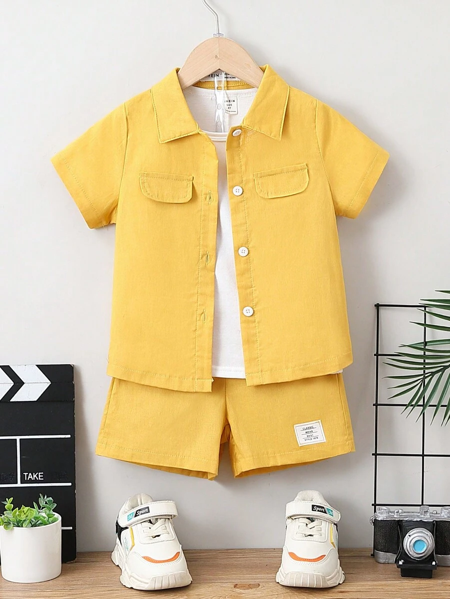 SHEIN 小男童翻蓋細節襯衫&字母貼布短褲不帶T恤 - 黃色 - 查看 1