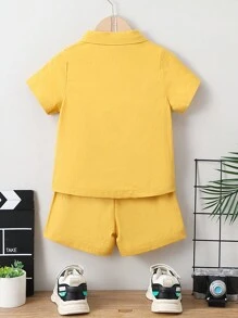 SHEIN 小男童翻蓋細節襯衫&字母貼布短褲不帶T恤 - 黃色 - 查看 2