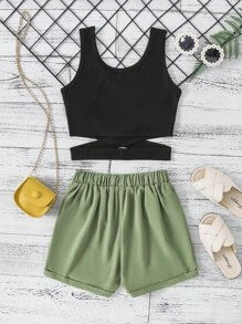 SHEIN 女孩十字交叉背心上衣和短褲 - 彩色 - 查看 2
