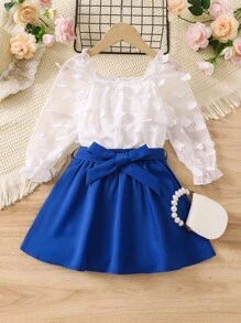SHEIN Young Girl Blue & White Contrast Color Elegant Square Neck Ruffle Sleeve Two-Piece Set For Summer - Blue and White - View 1