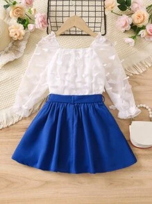 SHEIN Young Girl Blue & White Contrast Color Elegant Square Neck Ruffle Sleeve Two-Piece Set For Summer - Blue and White - View 2