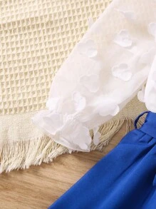 SHEIN Young Girl Blue & White Contrast Color Elegant Square Neck Ruffle Sleeve Two-Piece Set For Summer - Blue and White - View 6