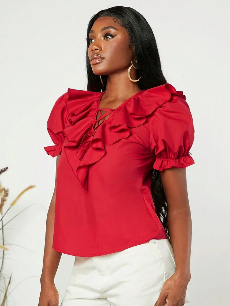 SHEINNeu เสื้อเบลาส์ ผูกเชือกด้านหน้า นัวเนีย แขนพอง - สีแดง - ดู 4