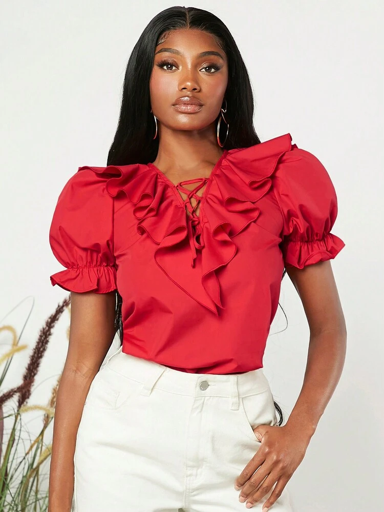 SHEINNeu เสื้อเบลาส์ ผูกเชือกด้านหน้า นัวเนีย แขนพอง - สีแดง - ดู 6