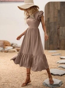 SHEIN VCAY Đầm Viên lá sen màu trơn Thanh lịch - Màu nâu  Mocha - Xem 1
