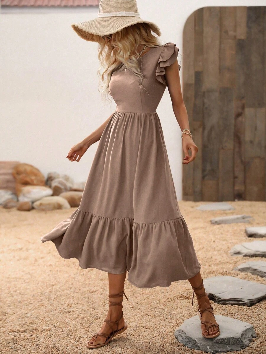 SHEIN VCAY Đầm Viên lá sen màu trơn Thanh lịch - Màu nâu  Mocha - Xem 1